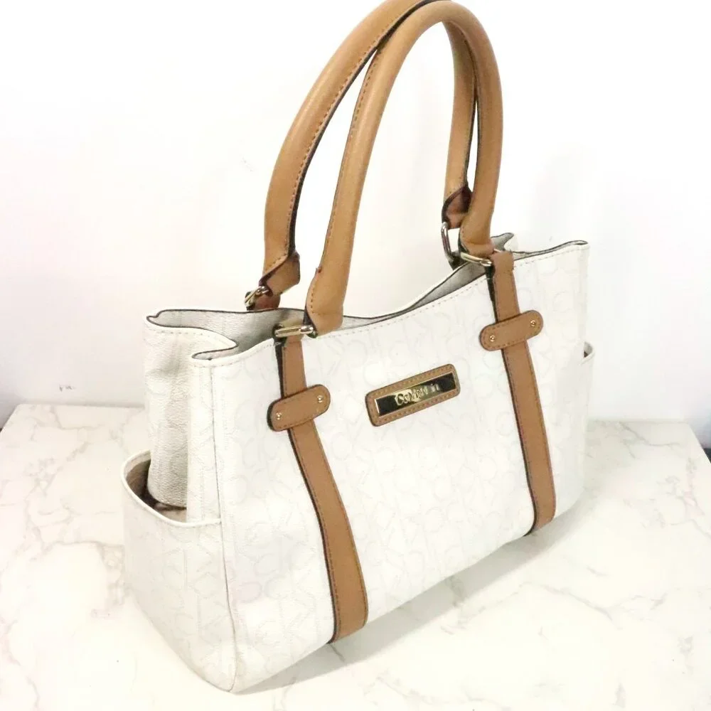 Calvin Klein Hudson White Signature Monogram Logo Pebbled Satchel Handbag Purse - Picture 2 of 9